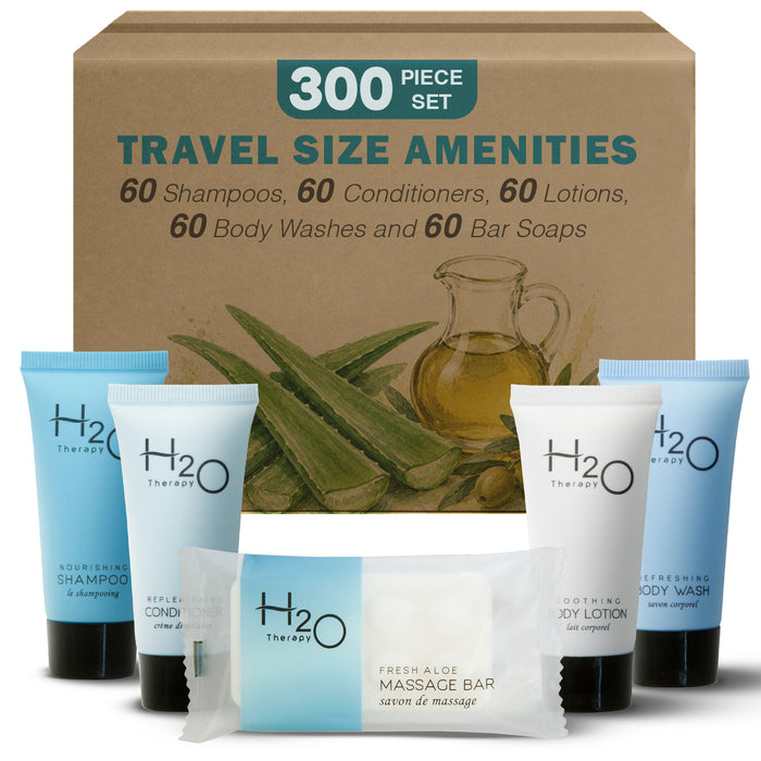 H2O Therapy Hotel Soaps and Toiletries Bulk Set | 1-Shoppe All-In-Kit Amenities for Hotels & Airbnb | .85oz Hotel Shampoo & Conditioner, Body Wash, Body Lotion & 1 oz Bar Soap Travel Size | 300 Pieces
