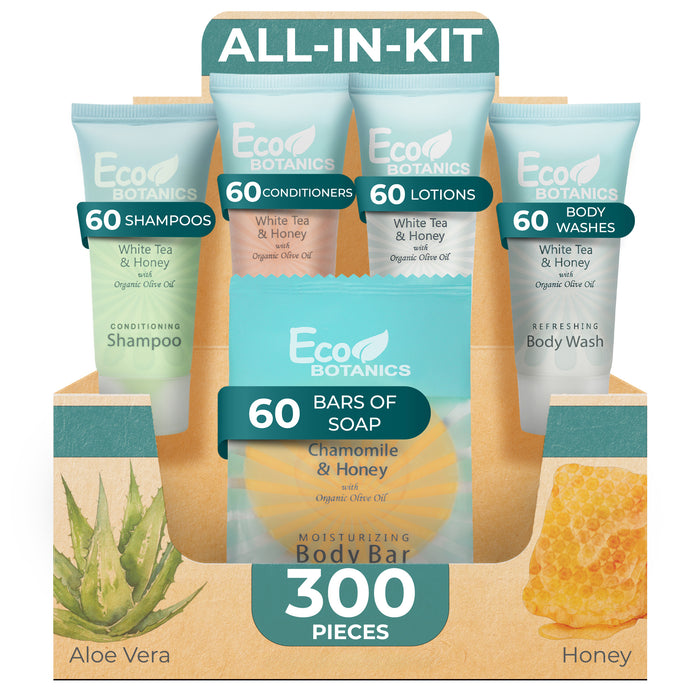 Eco Botanics Hotel Soaps & Toiletries Bulk Set | 0.85oz Hotel Shampoo & Conditioner, Body Wash, Body Lotion & Bar Soap Travel Size | 300 Pieces