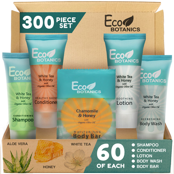 Eco Botanics Hotel Soaps & Toiletries Bulk Set | 0.85oz Hotel Shampoo & Conditioner, Body Wash, Body Lotion & Bar Soap Travel Size | 300 Pieces