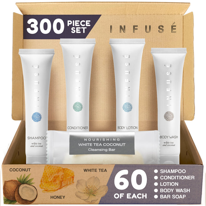 Infuse Pure White Tea and Coconut Hotel Soaps and Toiletries Bulk Set | 1-Shoppe All-In-Kit for Hotels | 1oz Shampoo & Conditioner, Body Wash, Lotion & 1.25oz Bar Soap | Travel Size 300 Pieces