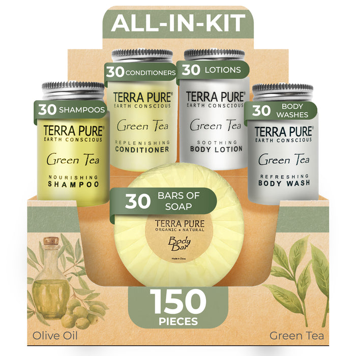 Terra Pure Hotel Soaps and Toiletries Bulk Set | 1-Shoppe All-In-Kit Amenities for Hotels | 1oz Hotel Shampoo & Conditioner, Body Wash, Body Lotion & 1.25oz Bar Soap Travel Size | 150 Pieces