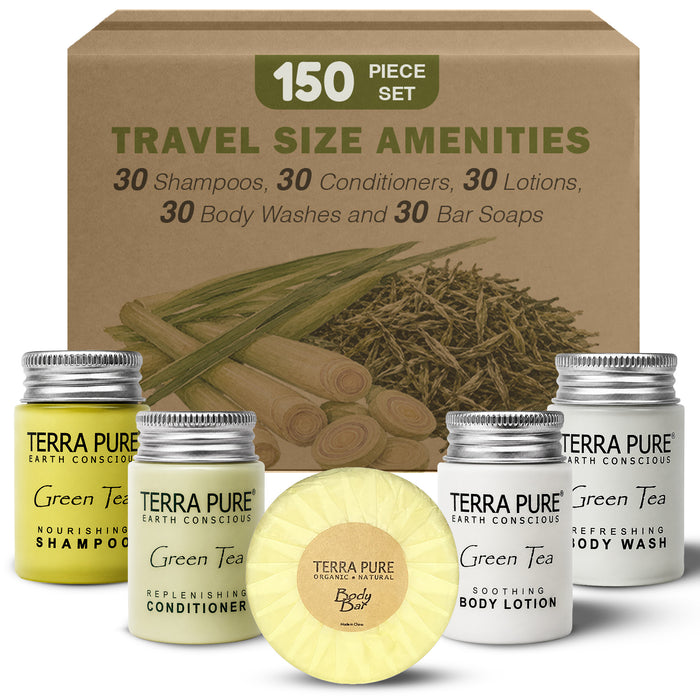 Terra Pure Hotel Soaps and Toiletries Bulk Set | 1-Shoppe All-In-Kit Amenities for Hotels | 1oz Hotel Shampoo & Conditioner, Body Wash, Body Lotion & 1.25oz Bar Soap Travel Size | 150 Pieces