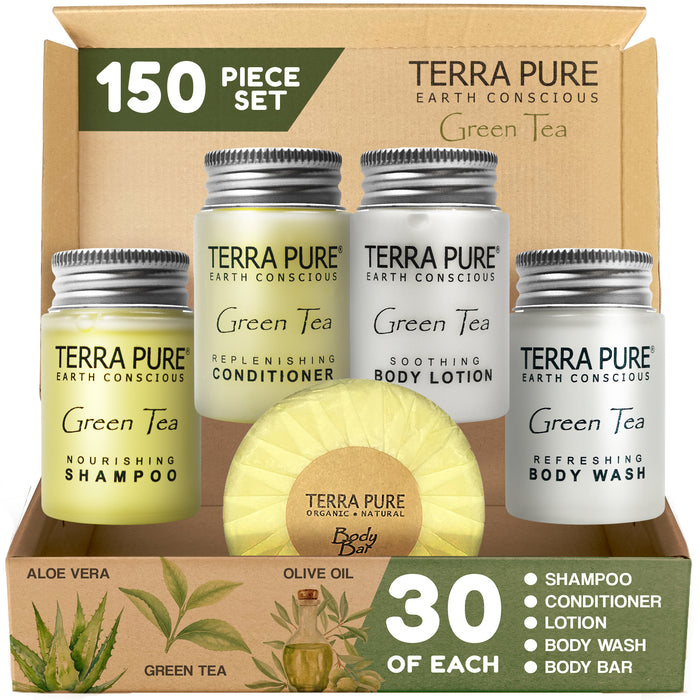 Terra Pure Hotel Soaps and Toiletries Bulk Set | 1-Shoppe All-In-Kit Amenities for Hotels | 1oz Hotel Shampoo & Conditioner, Body Wash, Body Lotion & 1.25oz Bar Soap Travel Size | 150 Pieces