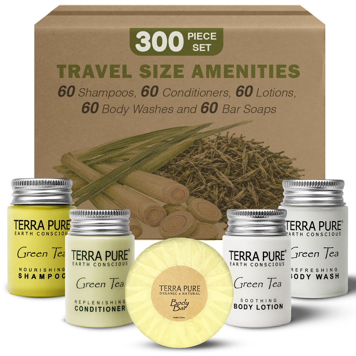 Terra Pure Hotel Soaps and Toiletries Bulk Set | 1-Shoppe All-In-Kit Amenities for Hotels | 1oz Hotel Shampoo & Conditioner, Body Wash, Body Lotion & 1.25oz Bar Soap Travel Size | 300 Pieces