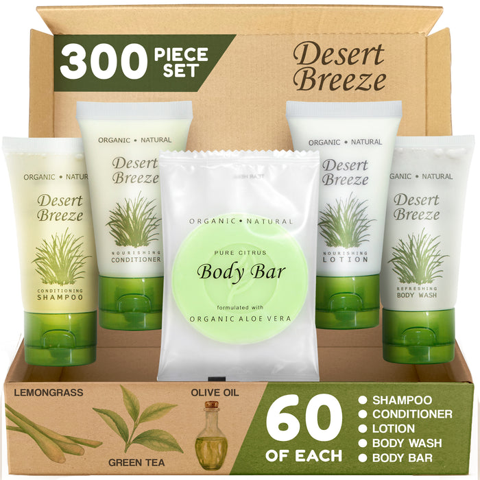 Desert Breeze Hotel Soaps and Toiletries Bulk Set | 1-Shoppe All-In-Kit Amenities for Hotels | 1oz Hotel Shampoo & Conditioner, Body Wash, Body Lotion & Bar Soap | Travel Size Toiletries 300 Pieces