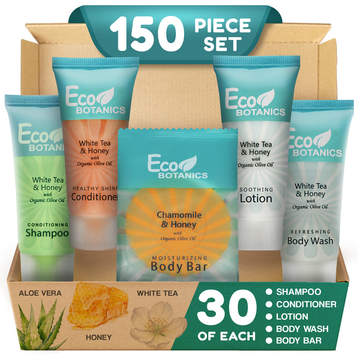 Eco Botanics Hotel Soaps and Toiletries Bulk Set | 1-Shoppe All-In-Kit Amenities for Hotels | 0.85oz Hotel Shampoo & Conditioner, Body Wash, Body Lotion & 0.89oz Bar Soap Travel Size | 150 Pieces