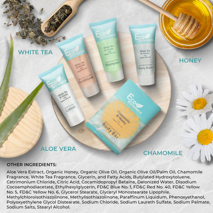 Terra Pure Eco Botanics Hotel Soaps and Toiletries Bulk Set | 1-Shoppe All-In-Kit Amenities for Hotels |0.85oz Shampoo & Conditioner, Body Wash, Body Lotion & 0.89oz Bar Soap Travel Size | 75 Pieces