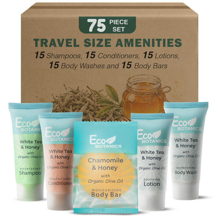 Terra Pure Eco Botanics Hotel Soaps and Toiletries Bulk Set | 1-Shoppe All-In-Kit Amenities for Hotels |0.85oz Shampoo & Conditioner, Body Wash, Body Lotion & 0.89oz Bar Soap Travel Size | 75 Pieces