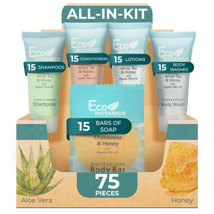 Terra Pure Eco Botanics Hotel Soaps and Toiletries Bulk Set | 1-Shoppe All-In-Kit Amenities for Hotels |0.85oz Shampoo & Conditioner, Body Wash, Body Lotion & 0.89oz Bar Soap Travel Size | 75 Pieces