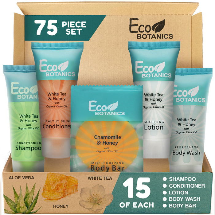 Terra Pure Eco Botanics Hotel Soaps and Toiletries Bulk Set | 1-Shoppe All-In-Kit Amenities for Hotels |0.85oz Shampoo & Conditioner, Body Wash, Body Lotion & 0.89oz Bar Soap Travel Size | 75 Pieces
