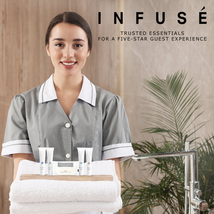 Infuse Pure White Tea and Coconut Hotel Soaps and Toiletries Bulk Set | 1-Shoppe All-In-Kit for Hotels | 1oz Shampoo & Conditioner, Body Wash, Lotion & 1.25oz Bar Soap | Travel Size 300 Pieces