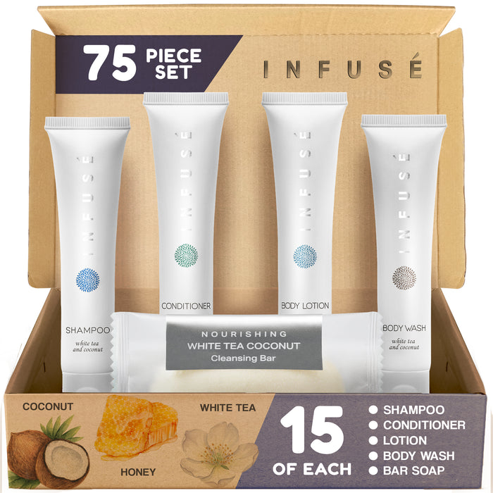 Infuse White Tea and Coconut Hotel Soaps and Toiletries Bulk Set | 1-Shoppe All-In-Kit for Hotels | 1oz Shampoo & Conditioner, Body Wash, Lotion & 1.25oz Bar Soap | Travel Size Toiletries 75 Pieces