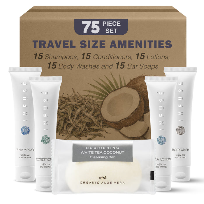 Infuse White Tea and Coconut Hotel Soaps and Toiletries Bulk Set | 1-Shoppe All-In-Kit for Hotels | 1oz Shampoo & Conditioner, Body Wash, Lotion & 1.25oz Bar Soap | Travel Size Toiletries 75 Pieces