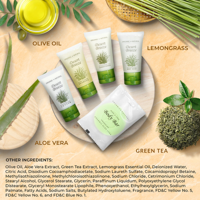 Travel Size Hotel Toiletry Set 75 Count 1 oz Bottles Guest Amenities for Vacation Rentals and Short Term Rentals Paraben Free Green Tea Lemongrass Scent Infused with Aloe and Olive Oil | Desert Breeze