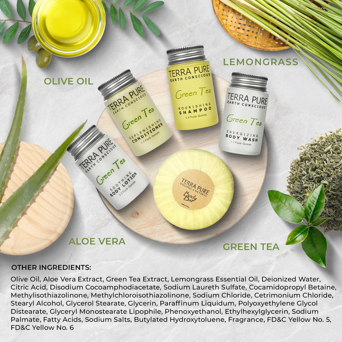 Terra Pure Hotel Soaps and Toiletries Bulk Set | 1-Shoppe All-In-Kit Amenities for Hotels | 1 oz. Hotel Shampoo & Conditioner, Body Wash, Body Lotion & 1.25oz Bar Soap Travel Size Toiletries | 75 Pieces