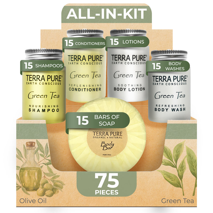 Terra Pure Hotel Soaps and Toiletries Bulk Set | 1-Shoppe All-In-Kit Amenities for Hotels | 1 oz. Hotel Shampoo & Conditioner, Body Wash, Body Lotion & 1.25oz Bar Soap Travel Size Toiletries | 75 Pieces