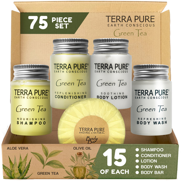 Terra Pure Hotel Soaps and Toiletries Bulk Set | 1-Shoppe All-In-Kit Amenities for Hotels | 1 oz. Hotel Shampoo & Conditioner, Body Wash, Body Lotion & 1.25oz Bar Soap Travel Size Toiletries | 75 Pieces