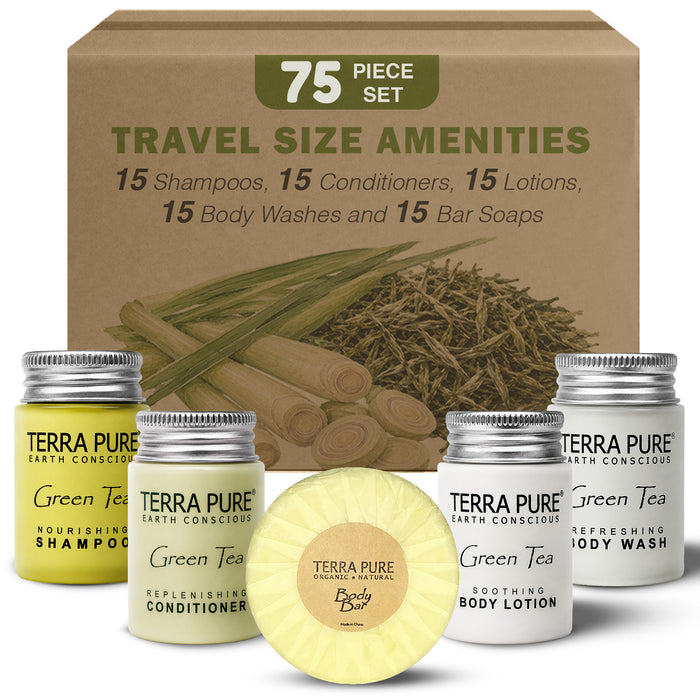 Terra Pure Hotel Soaps and Toiletries Bulk Set | 1-Shoppe All-In-Kit Amenities for Hotels | 1 oz. Hotel Shampoo & Conditioner, Body Wash, Body Lotion & 1.25oz Bar Soap Travel Size Toiletries | 75 Pieces