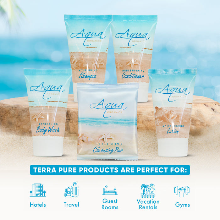 Aqua Organics Hotel Soaps and Toiletries Bulk Set | 1-Shoppe All-In-Kit Amenities for Hotels & Airbnb | 1oz Hotel Shampoo & Conditioner, Body Wash, Body Lotion & 1oz Bar Soap Travel Size | 150 Pieces