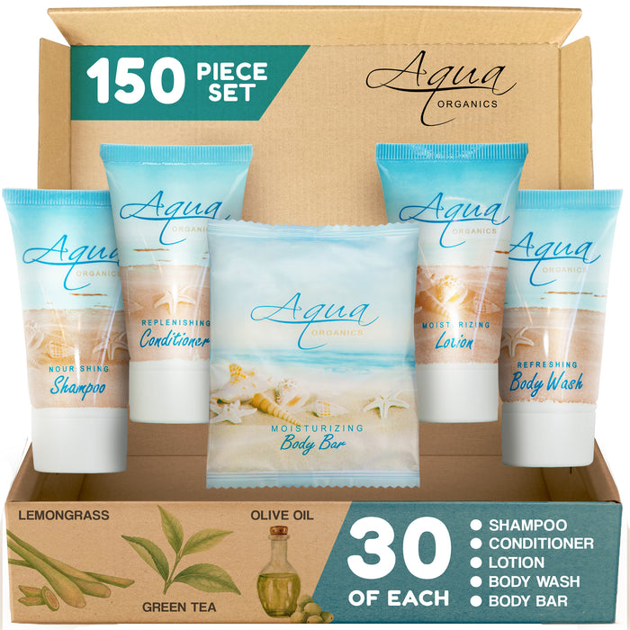 Aqua Organics Hotel Soaps and Toiletries Bulk Set | 1-Shoppe All-In-Kit Amenities for Hotels & Airbnb | 1oz Hotel Shampoo & Conditioner, Body Wash, Body Lotion & 1oz Bar Soap Travel Size | 150 Pieces