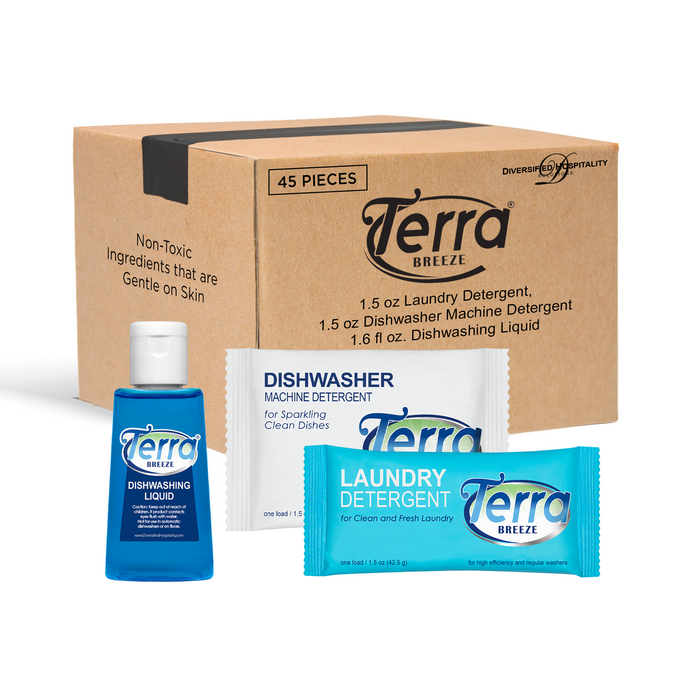 Travel Laundry Detergent & Dish Soap | Terra Breeze 1-Shoppe All-In-Kit Bulk Hotel Size Amenities for AirBnB & Rentals | 45 Pcs