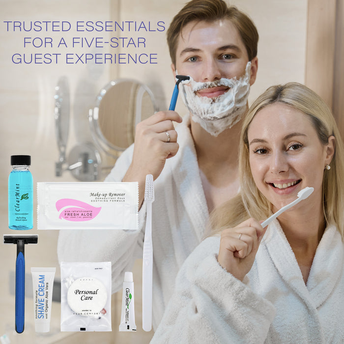 Personal Care Travel Size Toiletries | 1-Shoppe All-In-Kit Hotel Amenities Bulk | Travel Shaving Set, Toothbrush & Paste, Mouthwash, Makeup Wipes, Swabs, Nail File & Sewing Kit | 150 Pcs