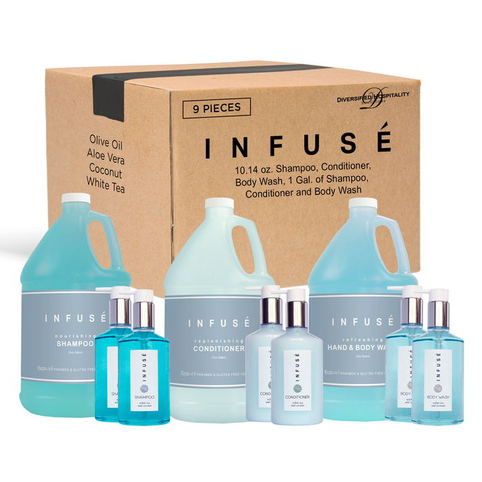 Infuse Gallon & Dispenser Set | 1-Shoppe All-In-Kit | Shampoo Conditioner Body Wash Gallon | Refillable 10.14 oz. Matching Pump Bottles