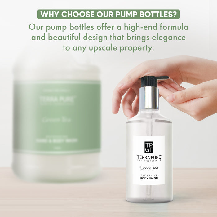Terra Pure Gallon & Dispenser Set | 1-Shoppe All-In-Kit | Shampoo Conditioner Body Wash Gallon | Refillable 10.14 oz. Matching Pump Bottles