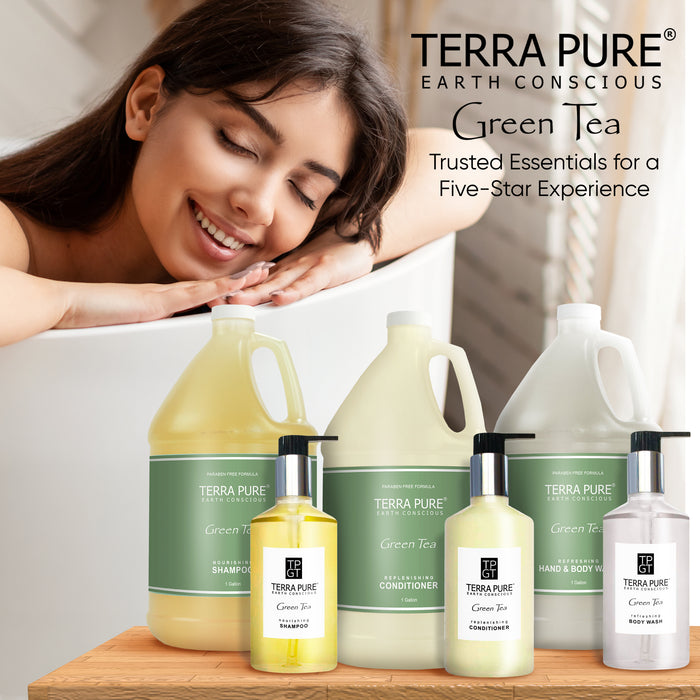 Terra Pure Gallon & Dispenser Set | 1-Shoppe All-In-Kit | Shampoo Conditioner Body Wash Gallon | Refillable 10.14 oz. Matching Pump Bottles