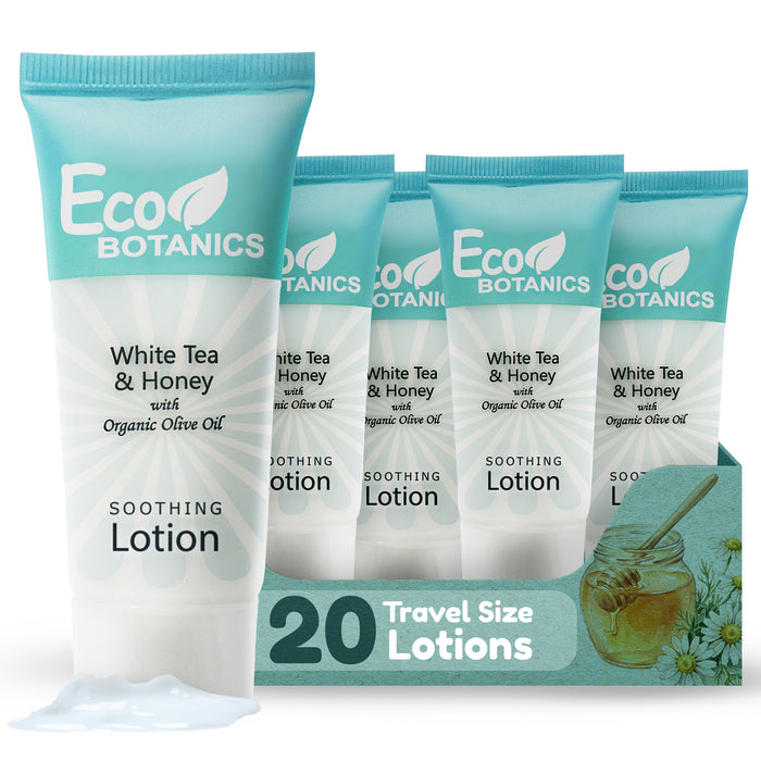Travel Size Hotel Lotion 20 Count 0.85 oz Bottles Guest Amenities | Vacation Rentals and Short Term Rentals Paraben Free White Tea Scent Infused with Aloe Honey and Olive Oil by Eco Botanics