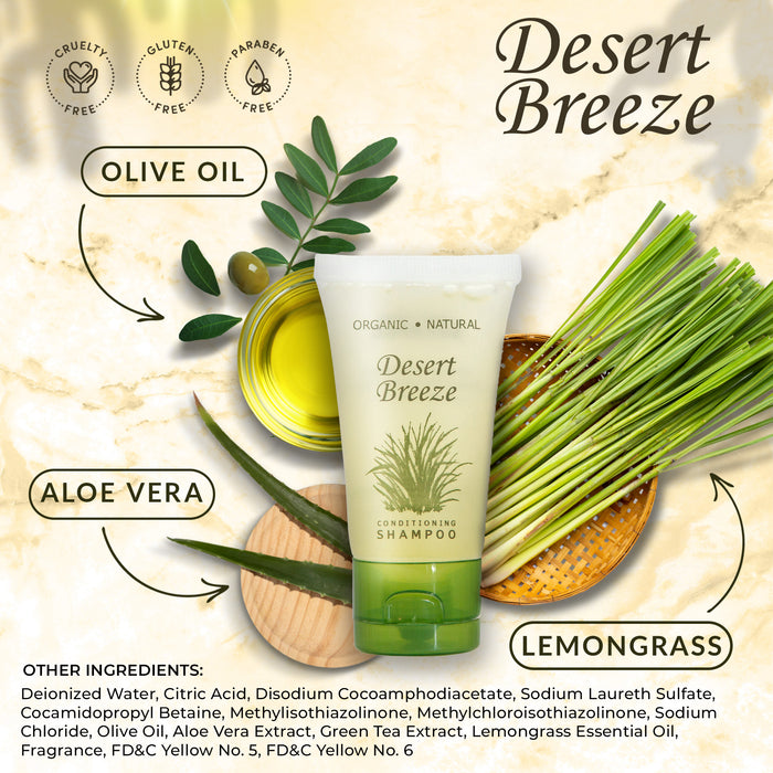 Travel Size Hotel Shampoo 20 Count 1 oz Bottles Guest Amenities for Vacation Rentals and Short Term Rentals Paraben Free Green Tea & Lemongrass Scent Infused with Aloe and Olive Oil by Desert Breeze