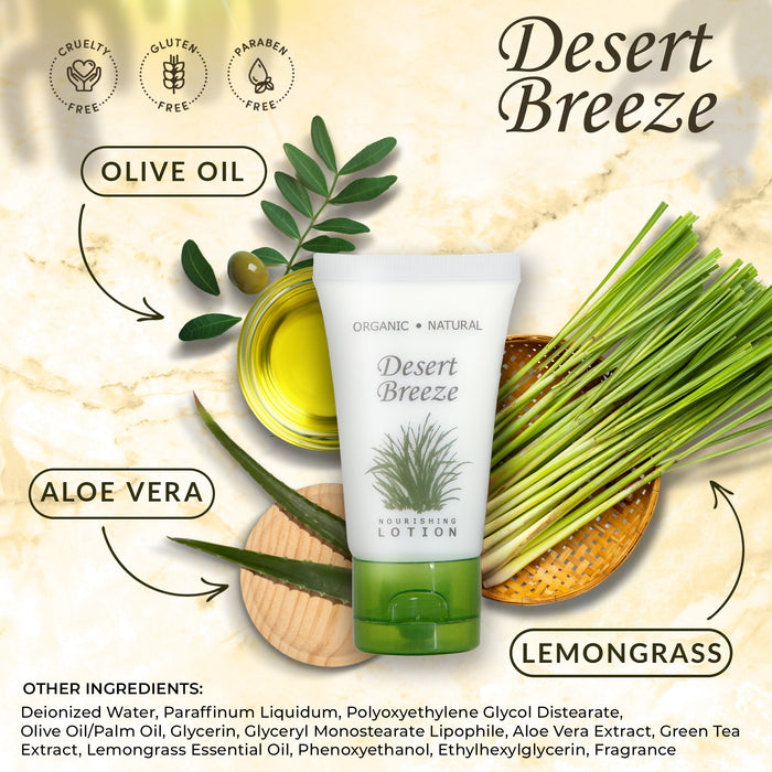 Travel Size Hotel Lotion 20 Count 1 oz Bottles Guest Amenities for Vacation Rentals and Short Term Rentals Paraben Free Green Tea & Lemongrass Scent Infused with Aloe and Olive Oil by Desert Breeze