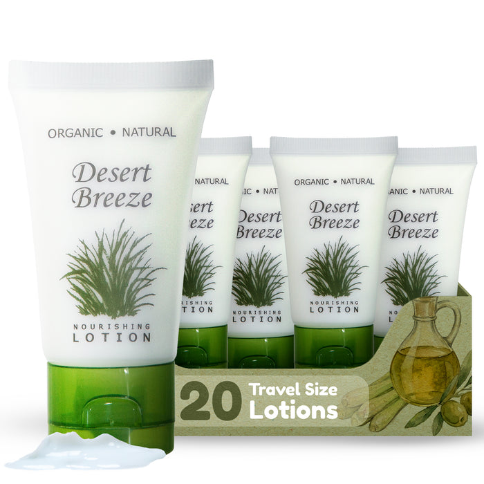 Travel Size Hotel Lotion 20 Count 1 oz Bottles Guest Amenities for Vacation Rentals and Short Term Rentals Paraben Free Green Tea & Lemongrass Scent Infused with Aloe and Olive Oil by Desert Breeze