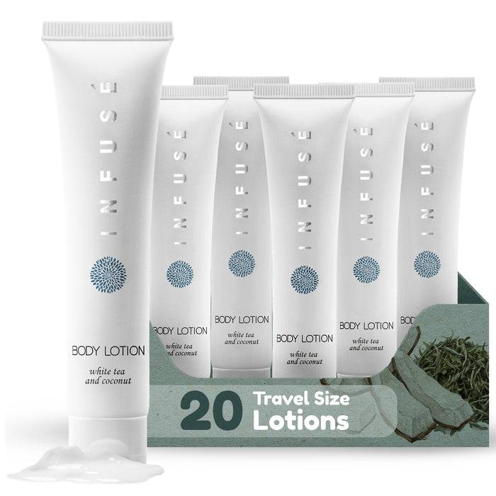 Travel Size Hotel Body Lotion 20 Count 1 oz Bottles Guest Amenities for Hotels Vacation Rentals and Short Term Rentals Paraben Free White Tea and Coconut Scent Infused with Aloe & Olive Oil by INFUSE