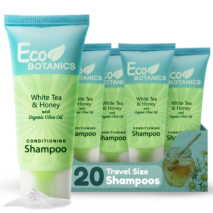 Travel Size Hotel Shampoo 20 Count 0.85 oz Bottles Guest Amenities for Airbnb Vacation Rentals and Short Term Rentals Paraben Free White Tea Scent Infused with Aloe Honey and Olive Oil by Eco Botanics