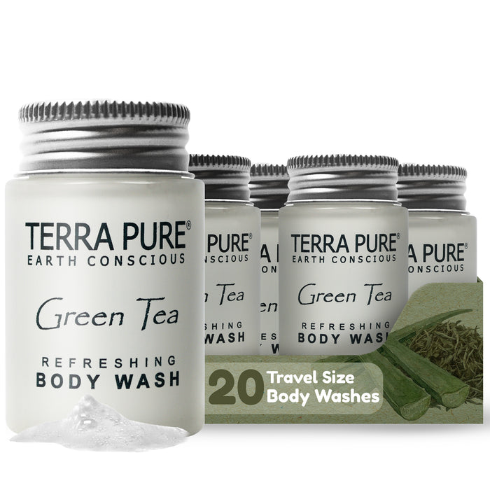 Travel Size Hotel Body Wash 20 Count 1 oz Bottles Guest Amenities for Hotels Vacation Rentals and Short Term Rentals Paraben Free Green Tea Scent Infused with Aloe and Olive Oil by Terra Pure