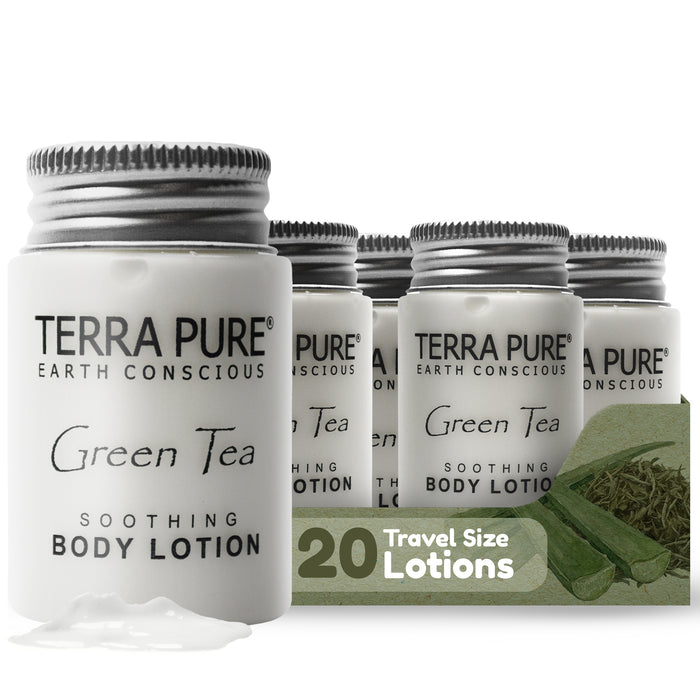 Travel Size Hotel Body Lotion 20 Count 1 oz Bottles Guest Amenities for Hotels Vacation Rentals and Short Term Rentals Paraben Free Green Tea Scent Infused with Aloe and Olive Oil by Terra Pure