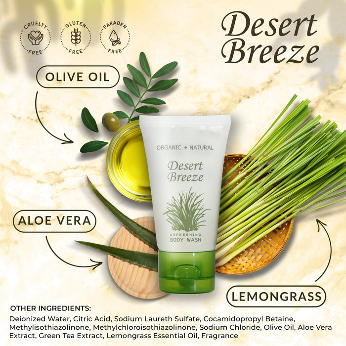Travel Size Hotel Body Wash 20 Count 1 oz Bottles Guest Amenities for Vacation Rentals and Short Term Rentals Paraben Free Green Tea & Lemongrass Scent Infused with Aloe and Olive Oil by Desert Breeze