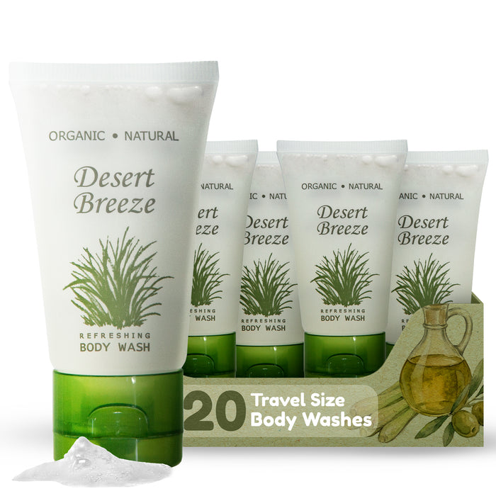 Travel Size Hotel Body Wash 20 Count 1 oz Bottles Guest Amenities for Vacation Rentals and Short Term Rentals Paraben Free Green Tea & Lemongrass Scent Infused with Aloe and Olive Oil by Desert Breeze