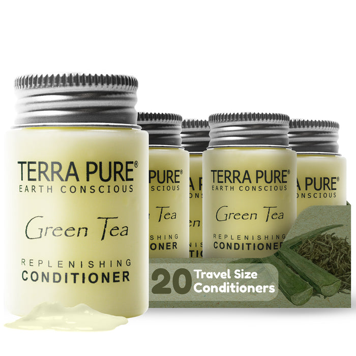 Travel Size Hotel Conditioner 20 Count 1 oz Bottles Guest Amenities for Hotels Vacation Rentals and Short Term Rentals Paraben Free Green Tea Scent Infused with Aloe and Olive Oil by Terra Pure