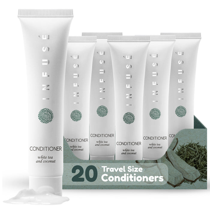 Travel Size Hotel Conditioner 20 Count 1 oz Bottles Guest Amenities for Hotels Vacation Rentals and Short Term Rentals Paraben Free White Tea and Coconut Scent Infused with Aloe & Olive Oil by INFUSE