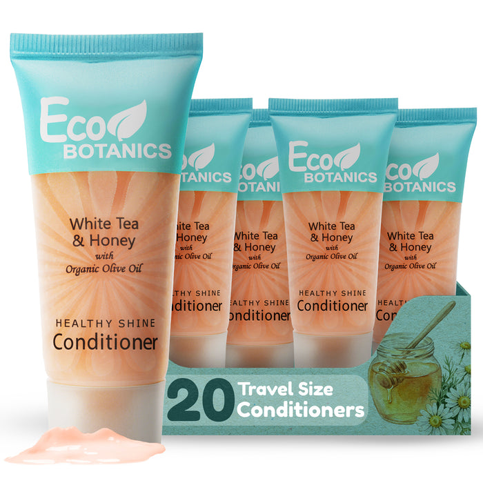 Travel Size Hotel Conditioner 20 Count 0.85 oz Bottles Guest Amenities | Vacation Rentals and Short Term Rentals Paraben Free White Tea Scent Infused with Aloe Honey and Olive Oil by Eco Botanics
