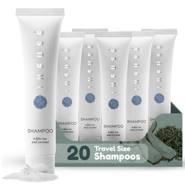 Travel Size Hotel Shampoo 20 Count 1 oz Bottles Guest Amenities for Hotels Vacation Rentals and Short Term Rentals Paraben Free White Tea and Coconut Scent Infused with Aloe and Olive Oil by INFUSE
