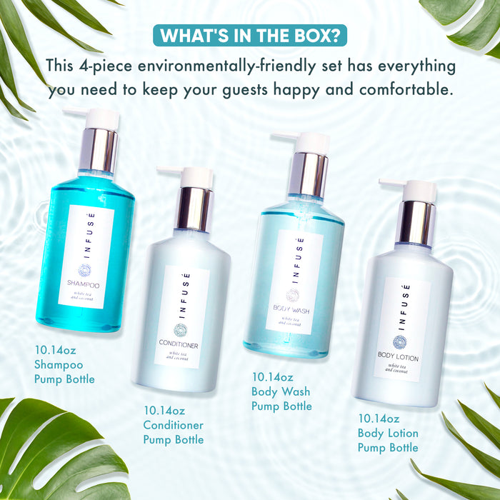 H2O Tropical Infuse Amenities Set,10.14 oz. Pumps (1 of Each) Shampoo, Conditioner, Hand/Body Wash, and Lotion