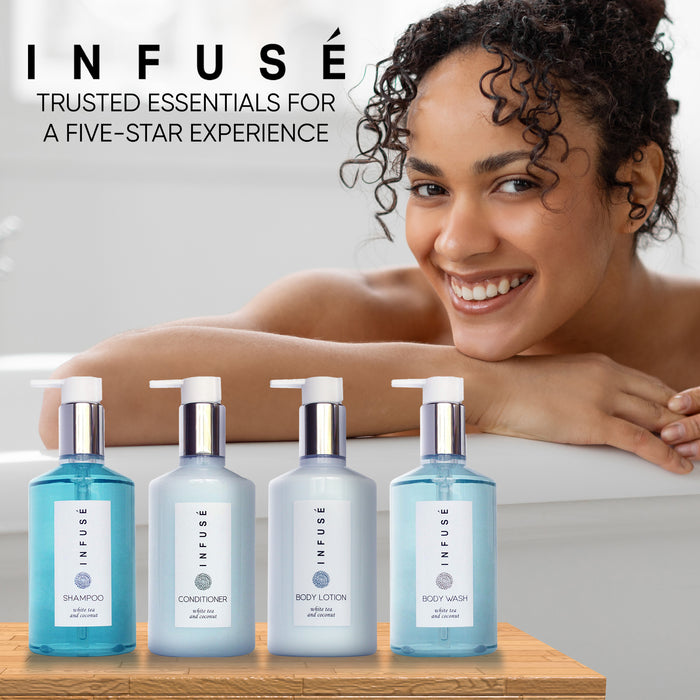 H2O Tropical Infuse Amenities Set,10.14 oz. Pumps (1 of Each) Shampoo, Conditioner, Hand/Body Wash, and Lotion