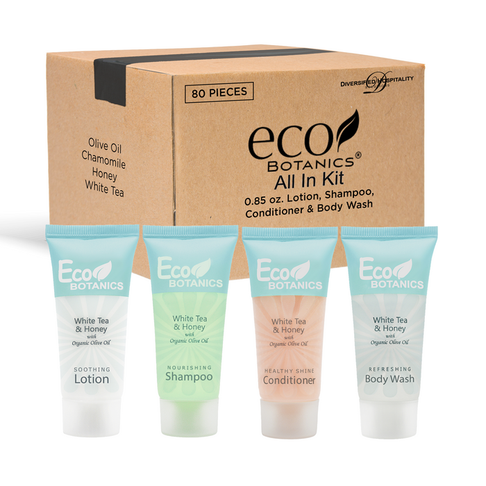 Eco Botanics 0.85 oz. Toiletries Set | 1-Shoppe All-In-Kit Amenities For Hotels, Airbnb & Rentals | Hotel Shampoo & Conditioner, Body Wash, Body Lotion | 80 Piece Travel Set