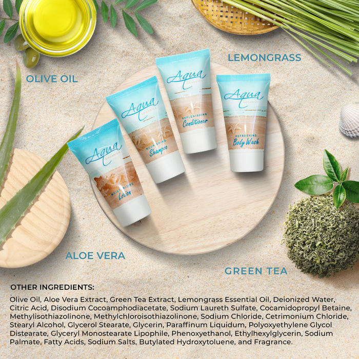 Aqua Organics 1.0 oz. Toiletries Set | 1-Shoppe All-In-Kit Amenities For Hotels, Airbnb & Rentals | Hotel Shampoo & Conditioner, Body Wash, Body Lotion | 80 Piece Travel Set