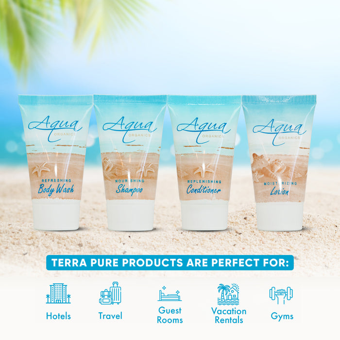Aqua Organics 1.0 oz. Toiletries Set | 1-Shoppe All-In-Kit Amenities For Hotels, Airbnb & Rentals | Hotel Shampoo & Conditioner, Body Wash, Body Lotion | 80 Piece Travel Set