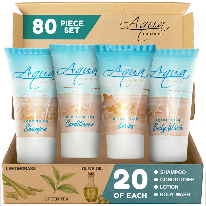 Aqua Organics 1.0 oz. Toiletries Set | 1-Shoppe All-In-Kit Amenities For Hotels, Airbnb & Rentals | Hotel Shampoo & Conditioner, Body Wash, Body Lotion | 80 Piece Travel Set