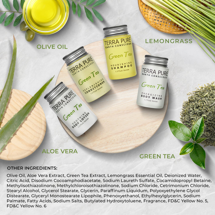 Terra Pure Green Tea 1.0 oz. Toiletries Set | 1-Shoppe All-In-Kit Amenities For Hotels, Airbnb & Rentals | Hotel Shampoo & Conditioner, Body Wash, Body Lotion | 80 Piece Travel Set